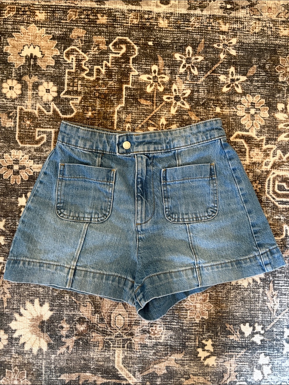 High-Rise Blue Denim Patch-Pocket Women's Shorts